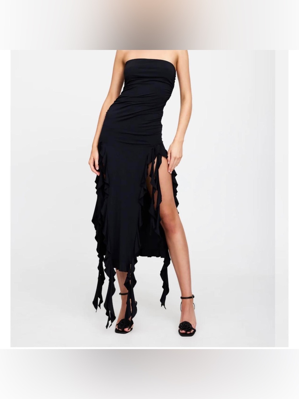 Lioness Black Strapless Ruffle High-Slit Dress